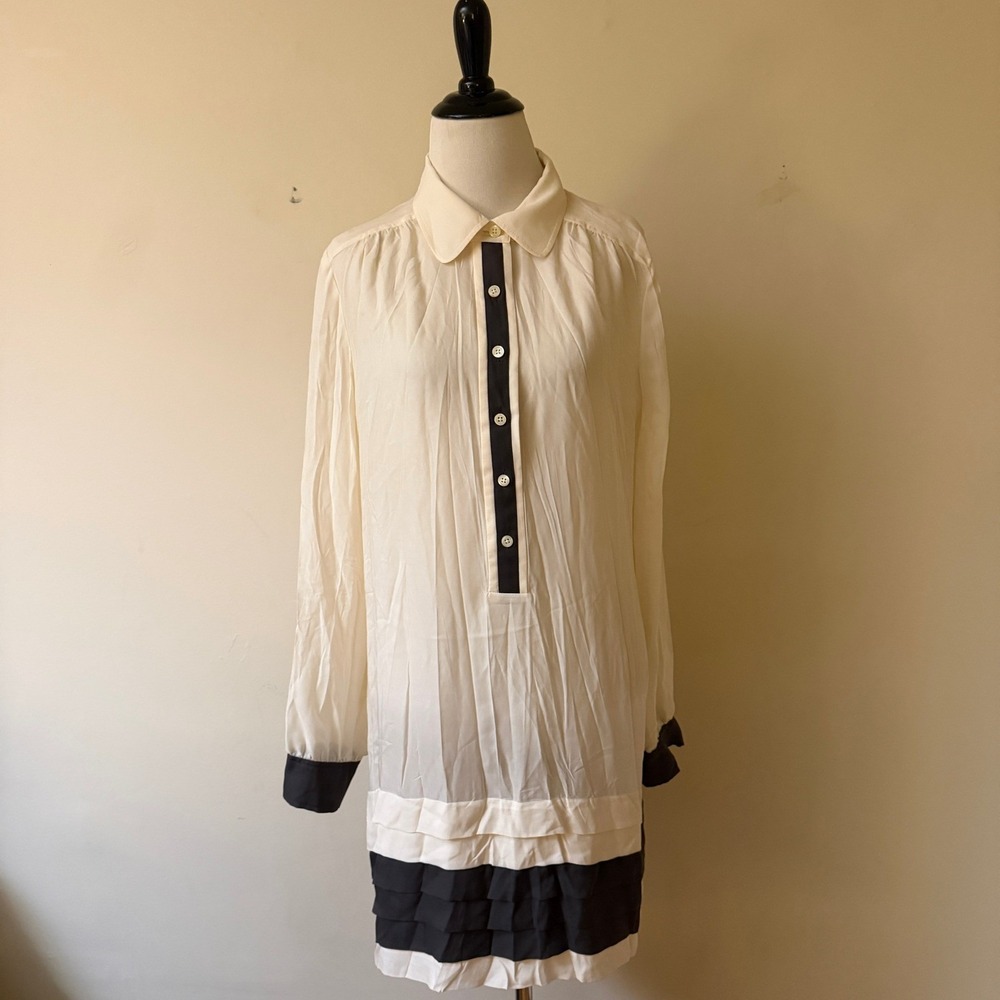 Banana Republic Silk Pleated Tiered Hem Shirt Dress 12 Ivory Charcoal